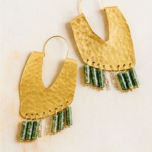 Gold Hammered Hoop Earrings with Green Stone Tassels